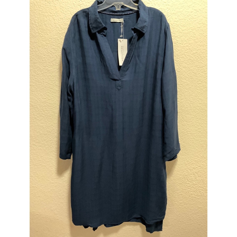 Kenneth Cole Reaction Navy Blue Linen Blend V-Neck Tunic Dress M